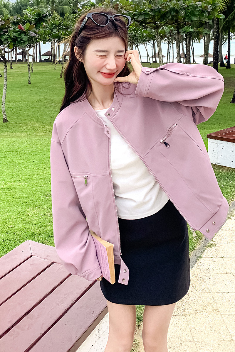 2025新款秋季香芋紫立领短外套女美式复古休闲风百搭工装夹克上衣,女装短外套,2C086