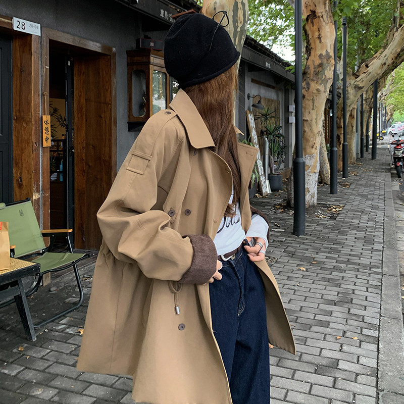 复古英伦风撞色短风衣女2025春秋季新款韩版宽松收腰显瘦夹克外套,女装风衣,2C098