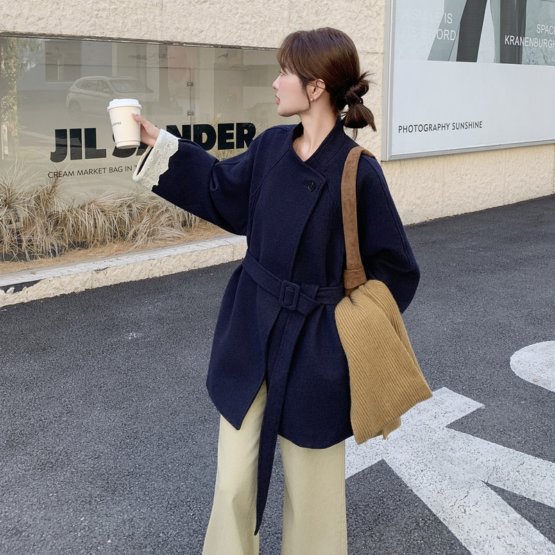 韩版蕾丝拼接深蓝色毛呢外套女秋冬2025新款流行爆款英伦风大衣,女装毛呢外套,2C159