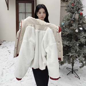 红色连帽炸街派克服女短款冬新款加绒加厚小个子高级感棉衣棉袄图片