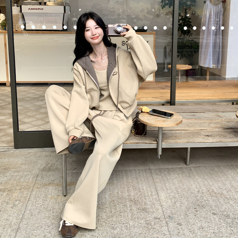 韩系休闲运动套装女2025秋季新款慵懒风开衫卫衣吊带阔腿裤三件套,女装套装/套裙,2C159