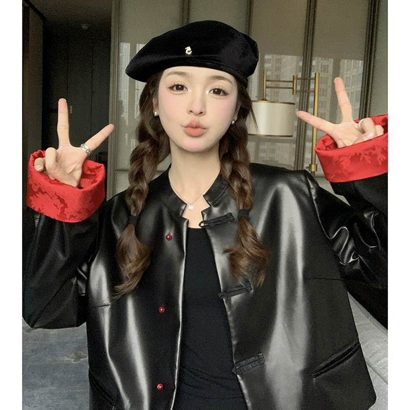 黑色高级感短款皮衣外套女2025春秋新款新中式国风小个子PU皮夹克,女装皮衣,2C098