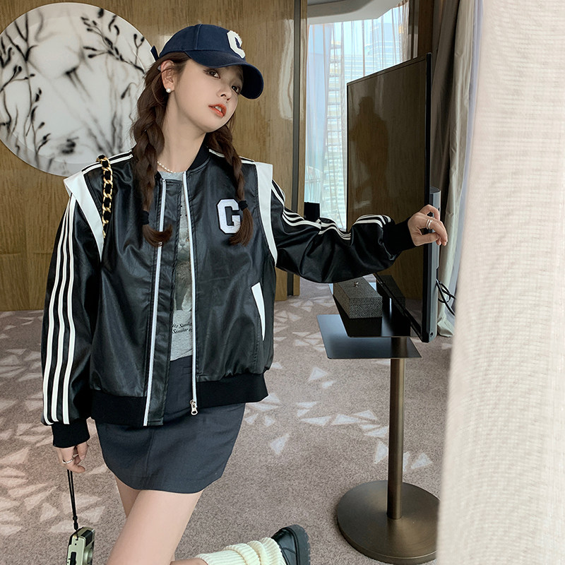 美式复古黑色棒球服皮衣外套女2023春秋新款小个子炸街百搭短上衣图片