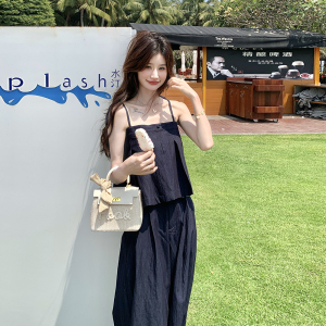 藏青色氛围感辣妹牛仔吊带背心套装女夏新款洋气薄款阔腿裤两件套图片