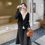 现货韩系气质拼接假两件毛衣半身裙两件套7686-P155-K238，女装套装/套裙，2C159