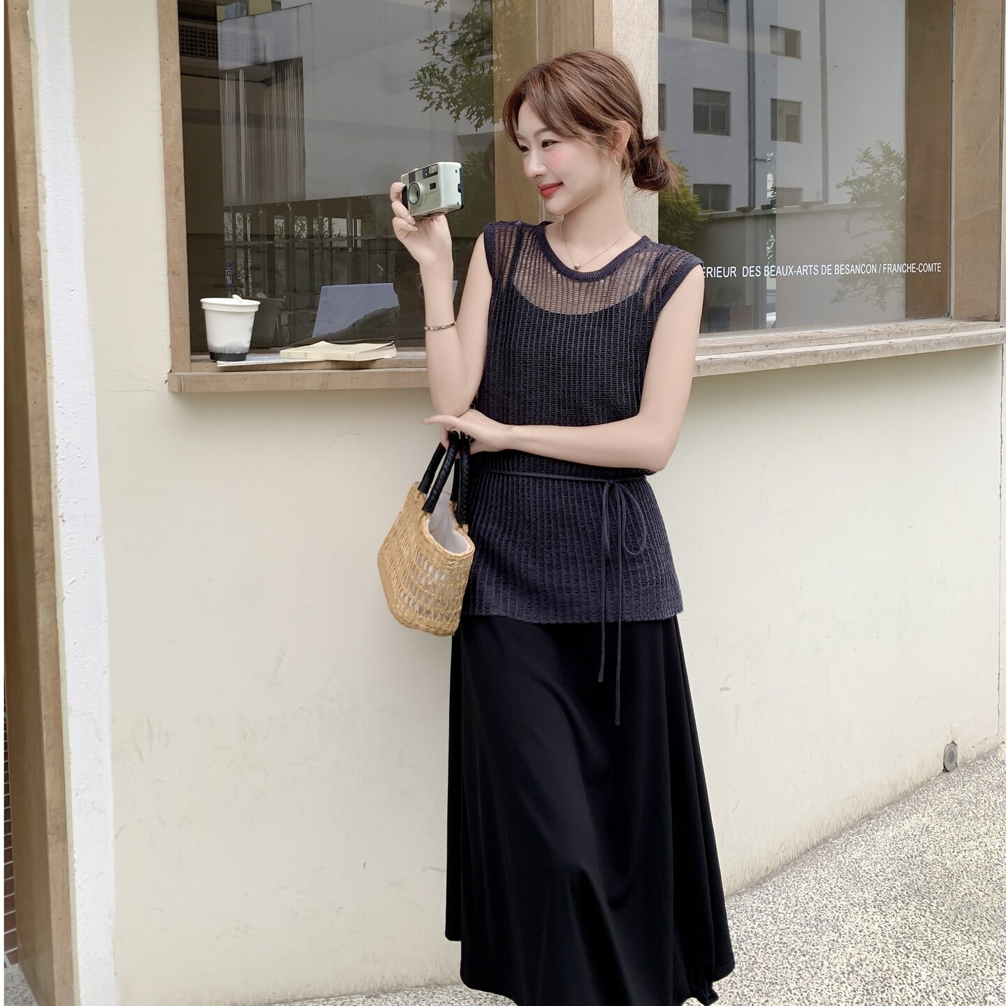 黑色针织背心吊带连衣裙套装2025新款女夏季清冷高级感裙子一整套,女装套装/套裙,2C166
