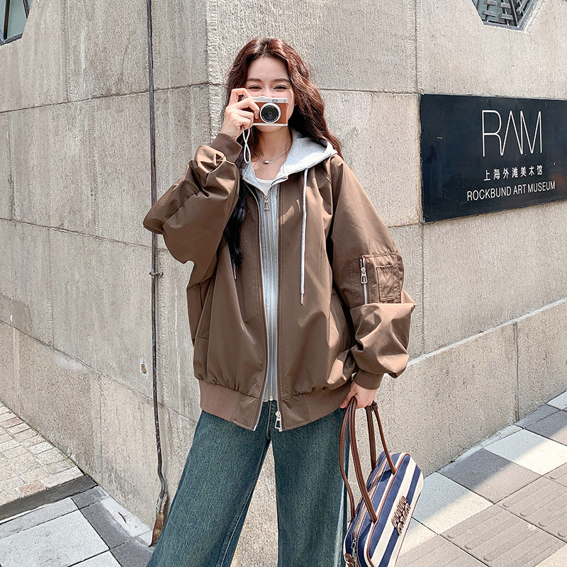 咖色假两件连帽休闲外套女春秋2025新款学院风气质流行爆款巨好看,女装短外套,2C125