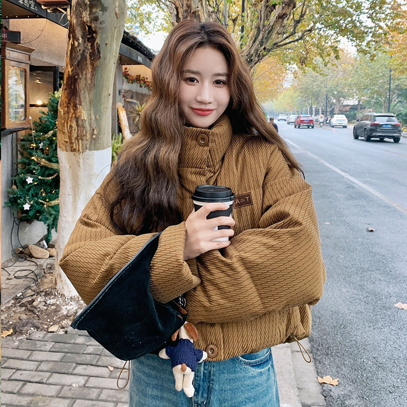 独特超好看肌理感立领短款肯豆羽绒服女冬美拉德咖色条纹小众外套,女装羽绒服,2C280