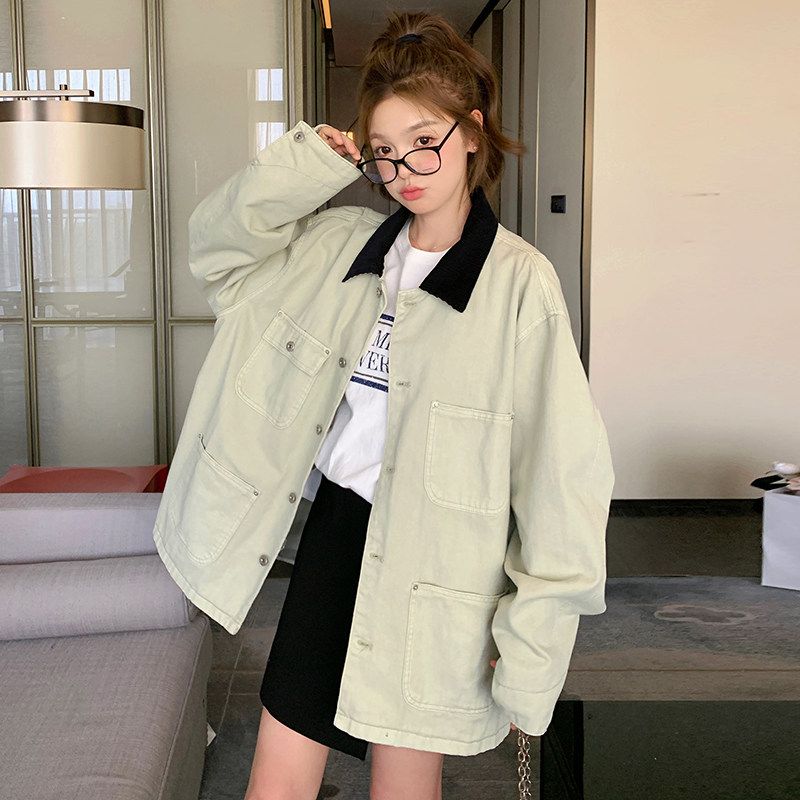 耐磨女拼接纽扣常规款翻领短外套上衣ins秋装韩版春秋小个子长袖,女装短外套,2C260