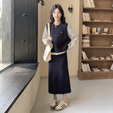 藏青色拼接条纹卫衣套装裙女春季2025新款韩版学院风半身裙两件套，女装套装/套裙，2C135