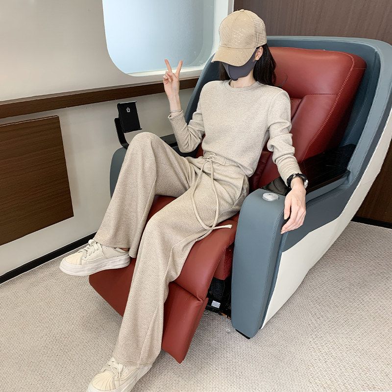 女秋季气质圆领短款长袖上衣阔腿裤两件套,女装套装/套裙,2C310
