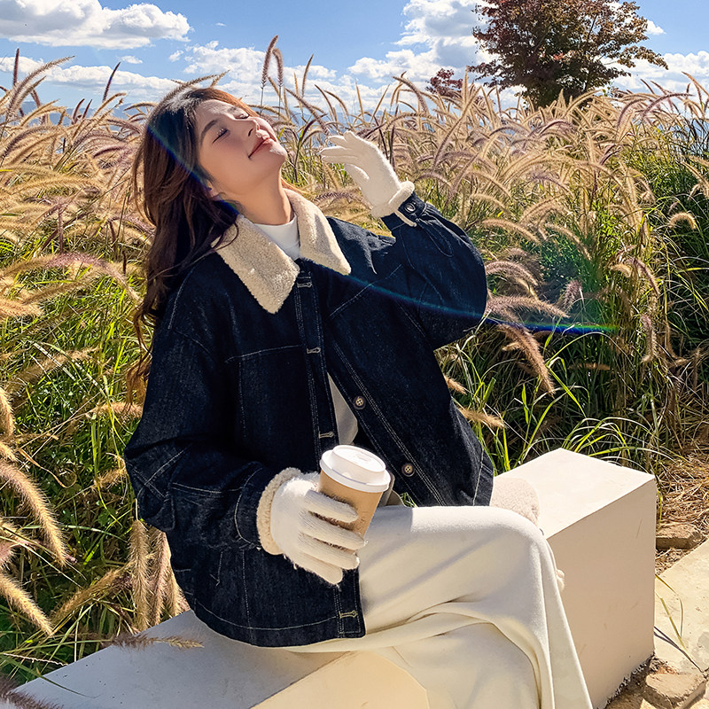 羊羔毛领牛仔羽绒服外套女冬季2025新款韩系高级感小个子美式复古,女装羽绒服,2C086
