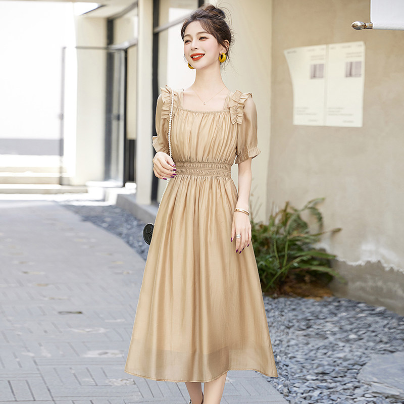 天丝短袖连衣裙女夏2024新款小个子气质收腰显瘦法式方领绝美裙子,女装连衣裙,英标秀（1C119）