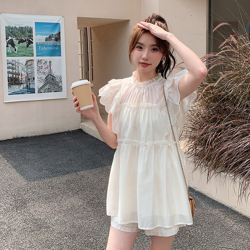 甜美法式飞飞袖短裤两件套女夏季网红炸街爆款小个子减龄天丝套装,女装套装/套裙,2C029