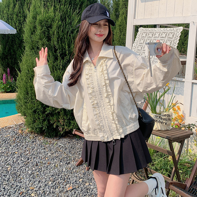 卡其色木耳边立领短款外套女秋季2025新款复古小个子休闲减龄夹克图片