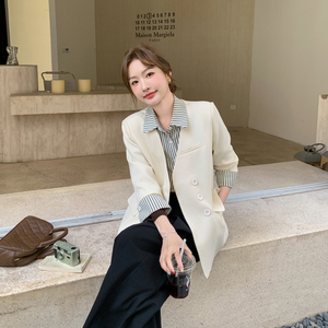 长袖常规款女衬衫袖拼接V领西装撞色时尚宽松气质小香风显瘦气质图片