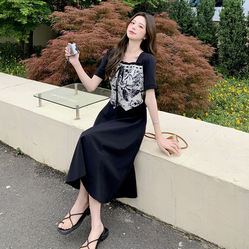 【现货】夏装新款时尚气质优雅显瘦系带水墨画拼色连衣裙,女装连衣裙,2D148