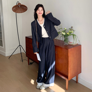 蕾丝拼接灰蓝色西装套装女春季流行韩风一整套ootd穿搭西服两件套图片