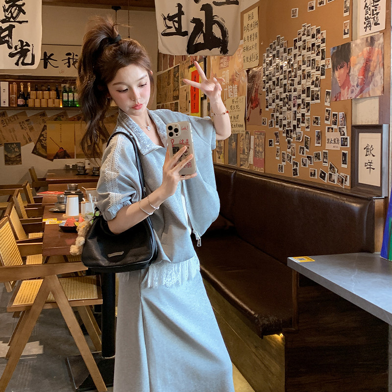 韩系穿搭一整套女2025夏季新款时尚气质短袖上衣高腰半身裙两件套,女装套装/套裙,2D109
