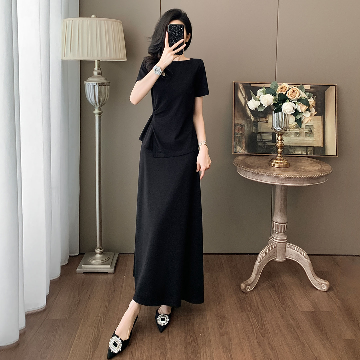 高级黑时尚气质套装裙女夏新款修身显瘦圆领扭结短袖半身裙两件套,女装套装/套裙,2C310
