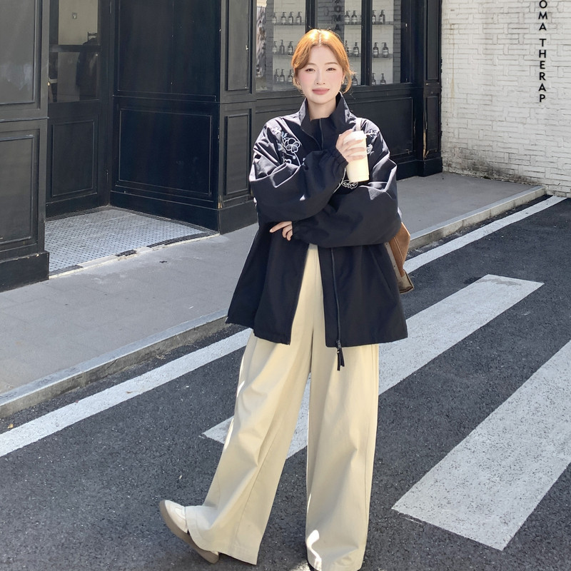 刺绣碎花立领休闲黑色显瘦外套女春秋2025新款巨好看流行爆款上衣图片