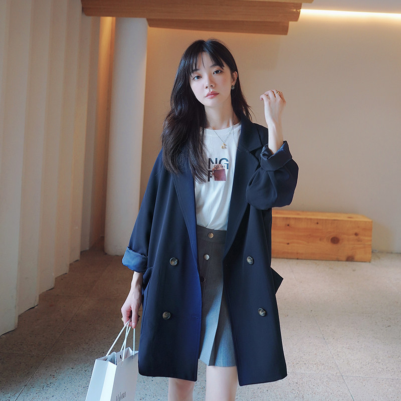 藏青色高级感休闲西装外套女2025春秋新款韩系中长款胖mm洋气西服,女装西装,2C016