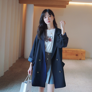 藏青色高级感休闲西装外套女2025春秋新款韩系中长款胖mm洋气西服图片