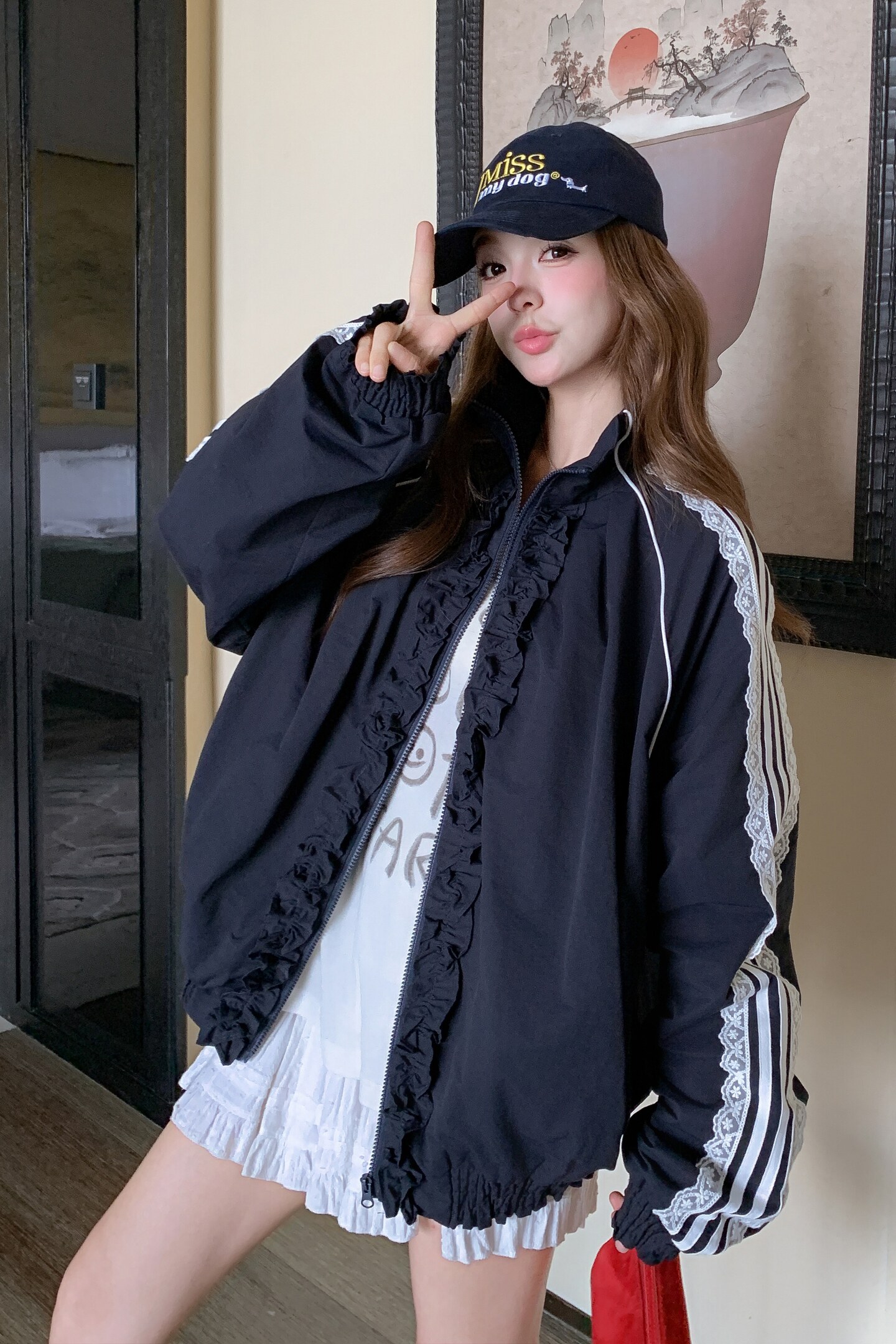 藏青色蕾丝拼接木耳花边外套女2025秋季休闲运动风立领夹克外套潮,女装短外套,2C259