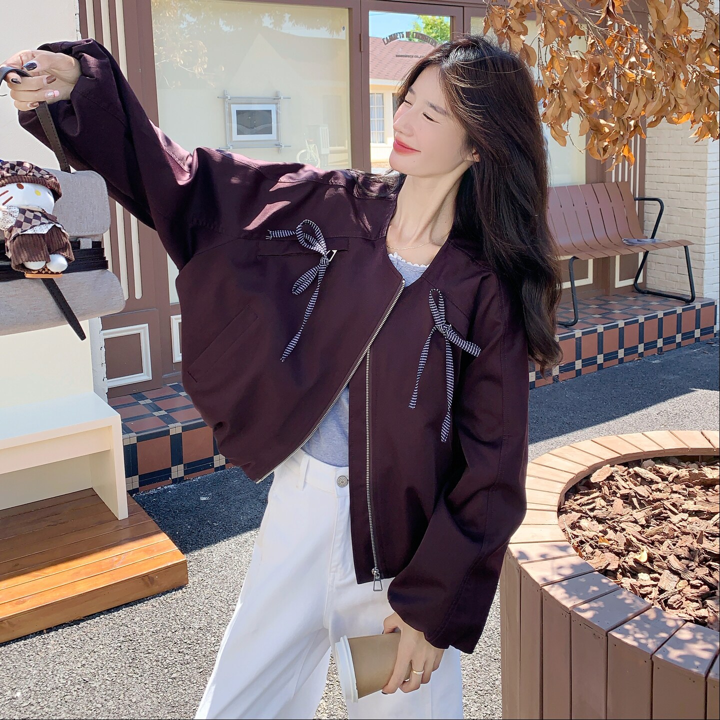 洋气炸街蝴蝶结圆领外套女2025秋季新款超好看宽松小个子短款夹克,女装短外套,2C307