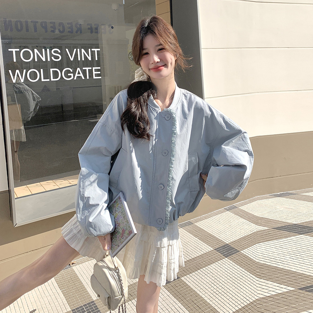 蓝色立领皮衣外套女2025春季新款韩系高级感休闲百搭短款PU皮夹克,女装套装/套裙,2C203
