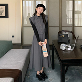 法式灰色连衣裙套装女2025春秋新款高级感收腰显瘦马甲长裙两件套，女装连衣裙，2C110