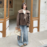 棕色皮毛一体翻领羊羔毛外套女2025冬季新款韩系复古小个子棉服潮，女装短外套，2B183