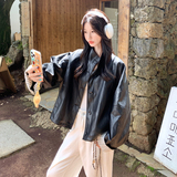 条纹拼接皮衣外套女春秋2025新款爆款机车服pu皮夹克小个子流行，女装短外套，2C166