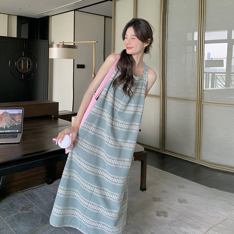 森系桔梗格子吊带连衣裙女2025夏季新款韩系宽松减龄小个子长裙潮,女装连衣裙,2C201