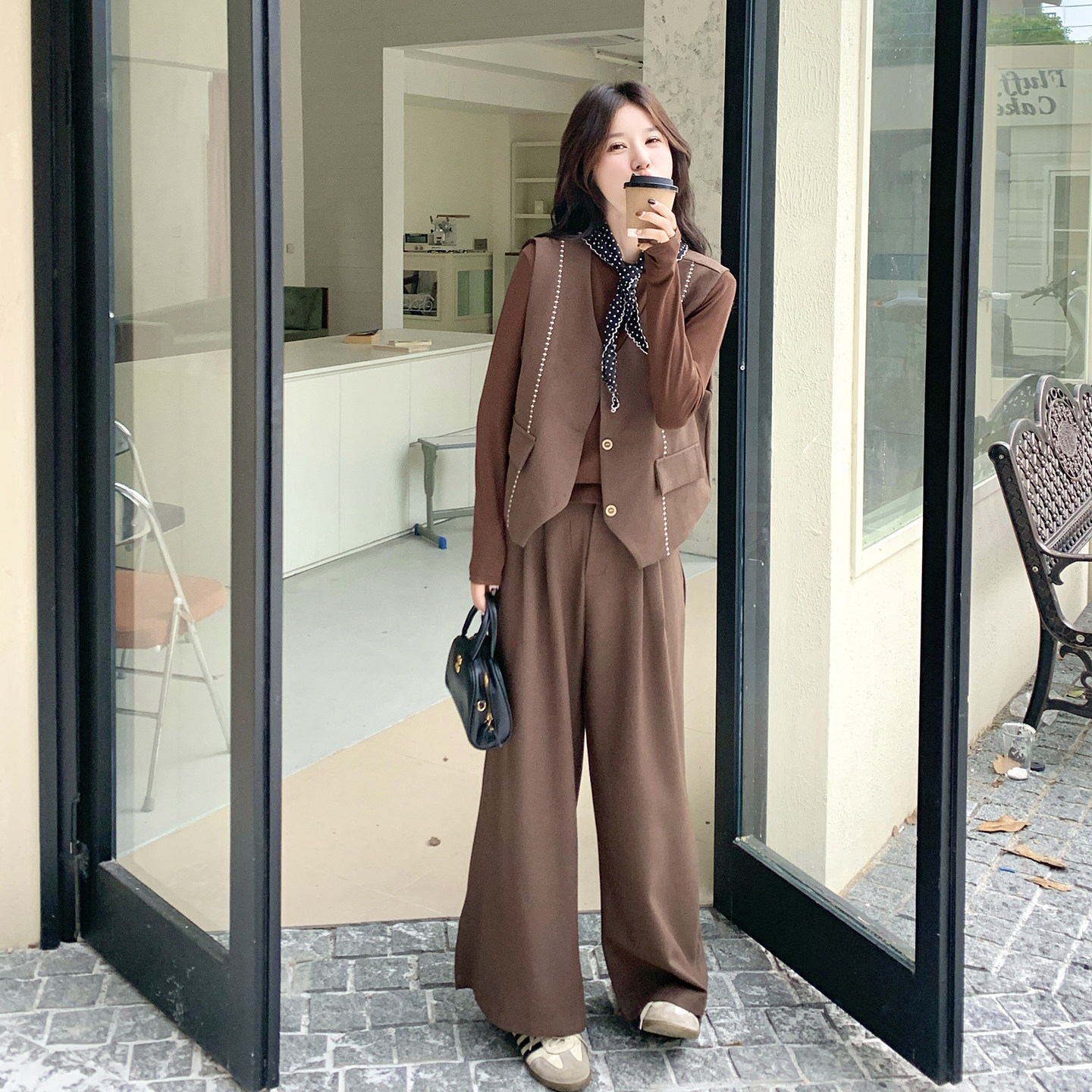 老钱风马甲套装女秋季2025新款复古高级感休闲阔腿裤打底衫三件套，女装套装/套裙，2D078