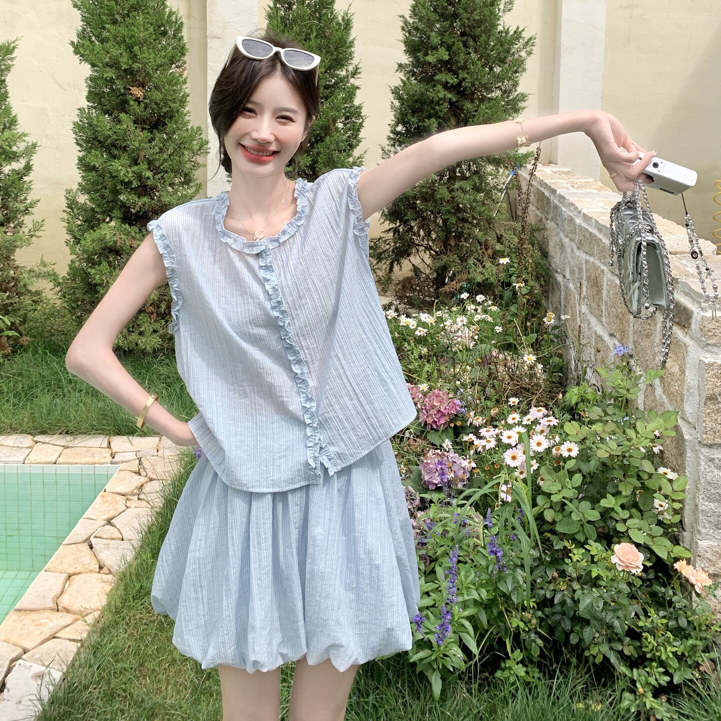 小个子俏皮减龄套装裙女2025年夏季新款花边马甲花苞半身裙两件套,女装套装/套裙,2C159