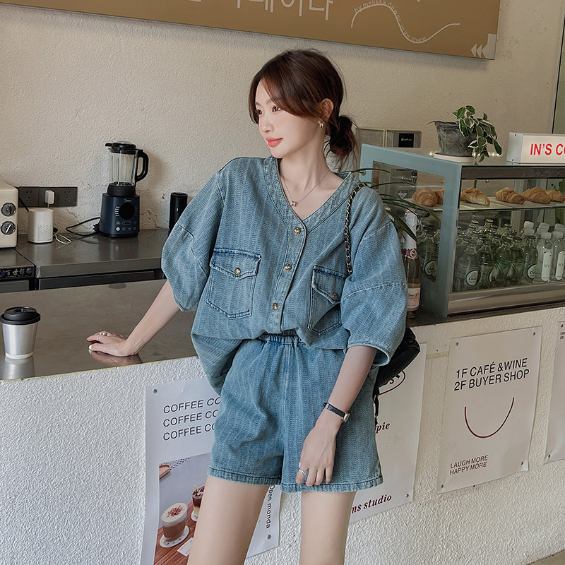 新款现货附买家秀复古宽松牛仔两件套套装150A-P125-控178,女装套装/套裙,2C075