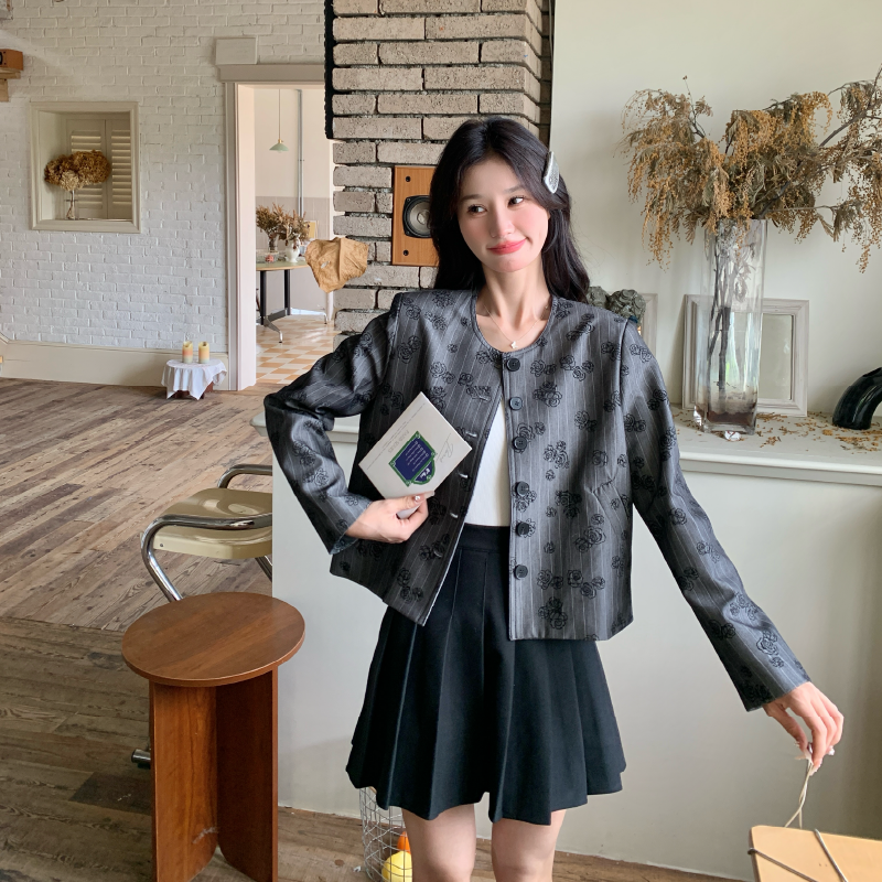 灰色条纹碎花小香风西装外套女春秋短款赫本风气质韩系西服上衣,女装短外套,2D146