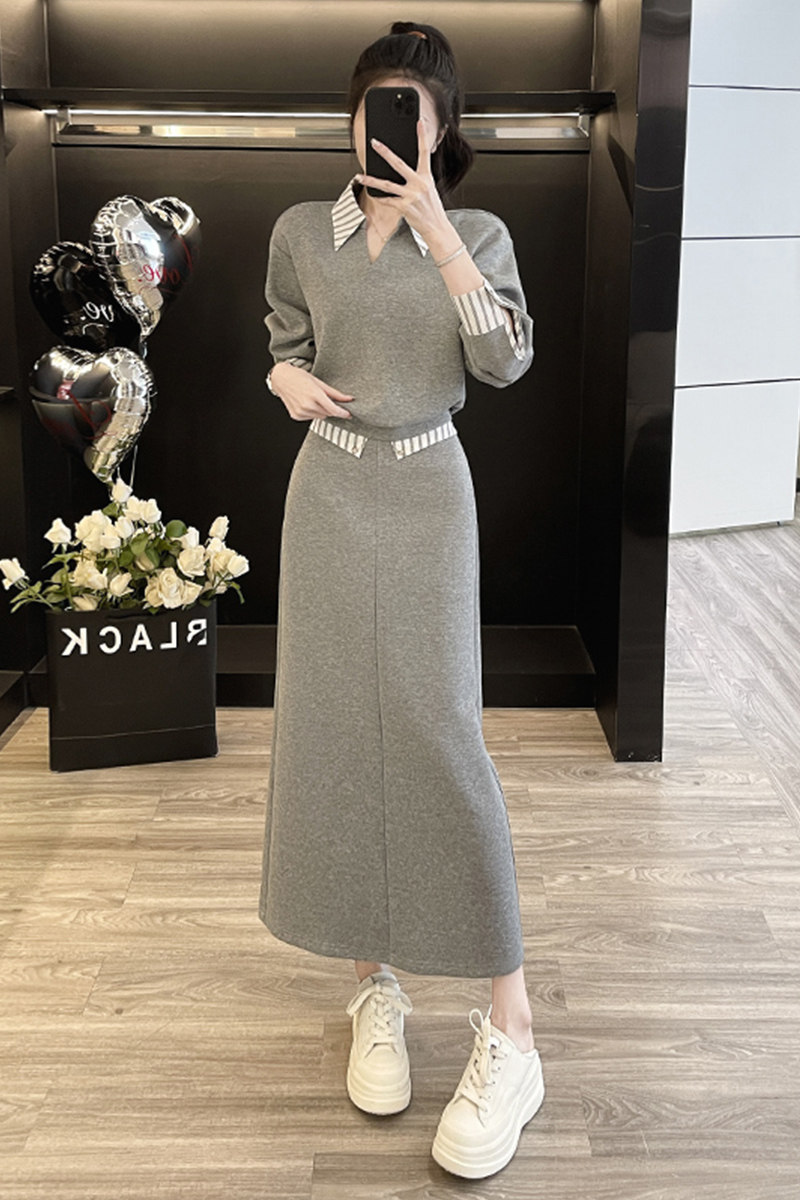 韩版假两件卫衣高腰显瘦半身裙套装潮,女装套装/套裙,2C310