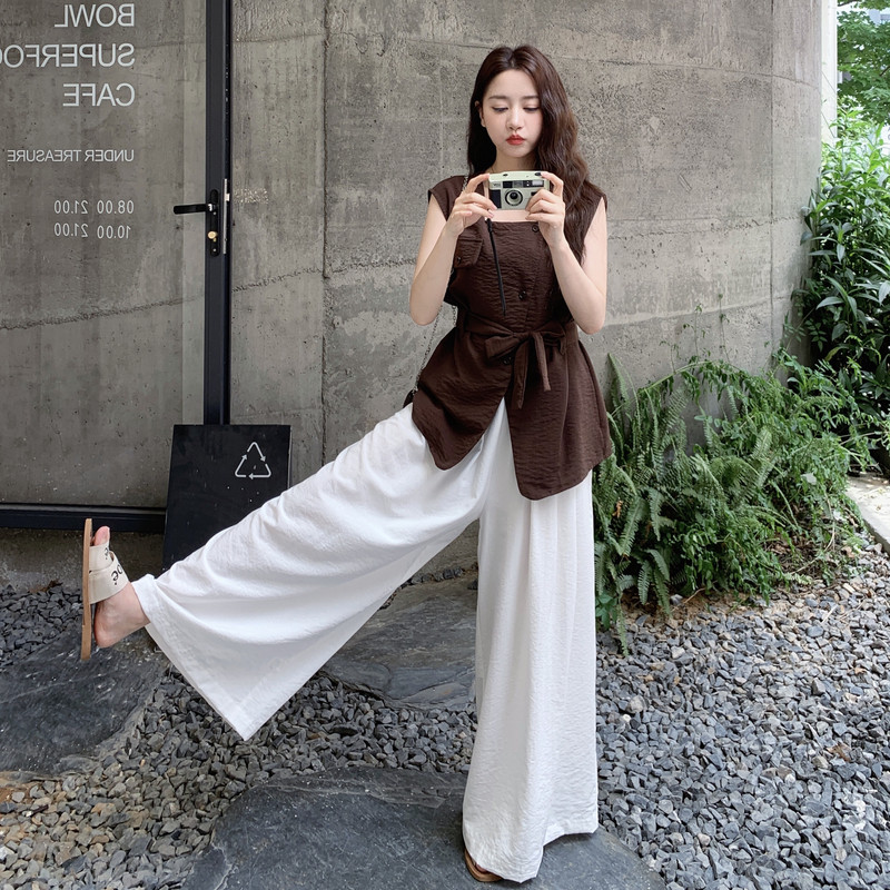 咖色方领上衣阔腿裤套装女2025年夏季新款韩版减龄高级感两件套,女装套装/套裙,2C299