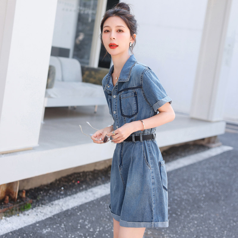小个子夏工装牛仔连体短裤女2023休闲显瘦阔腿减龄裤,女装连体裤,安在秀（1C042）