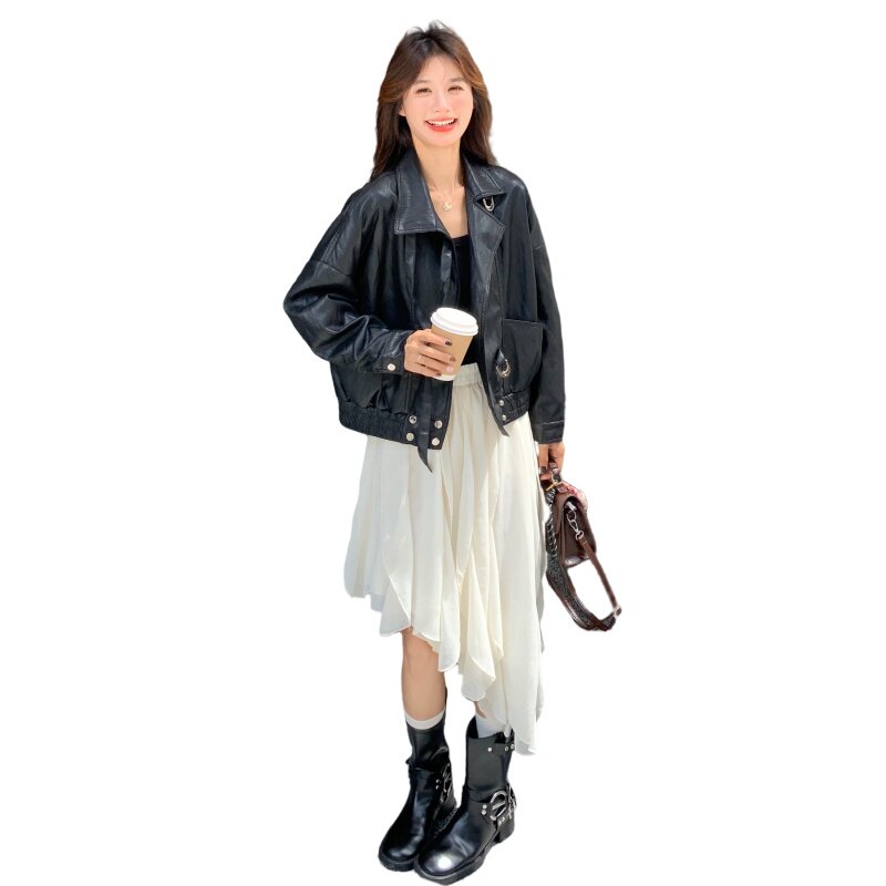 韩版短款立领显瘦PU皮衣外套女2025春秋季新款复古酷飒风机车夹克,女装皮衣,2C259