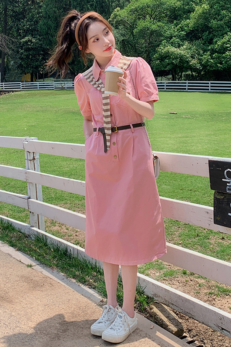 粉色设计感披肩衬衫连衣裙女2025夏季新款韩版小个子收腰显瘦长裙,女装连衣裙,2C316