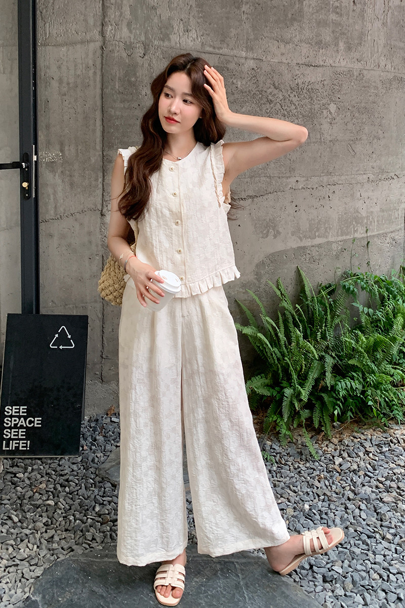 休闲花边无袖套装女2025夏季新款韩版气质减龄高级感阔腿裤两件套,女装套装/套裙,1D066-1