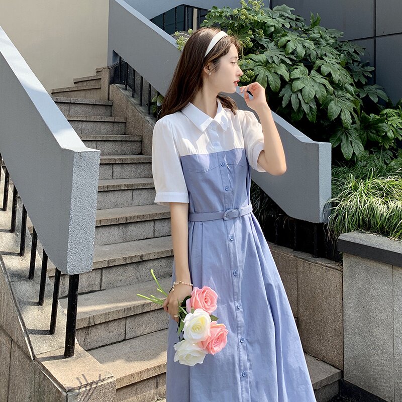 韩版连衣裙女夏2022年新款撞色法式设计感小众轻熟风收腰衬衫裙子图片