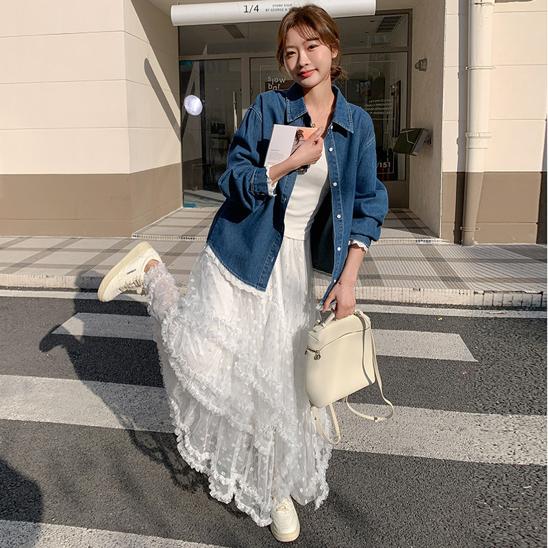 蕾丝拼接百褶半身裙套装女春秋2025新款两件套休闲ootd穿搭超好看,女装套装/套裙,2D148