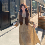 现货：秋装新款PU皮马甲＋连衣裙两件套裙2C135-6806P165K238，女装连衣裙，2C135