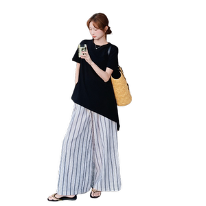 气质无袖上衣条纹阔腿裤套装女2025年夏季新款韩系穿搭显瘦两件套图片