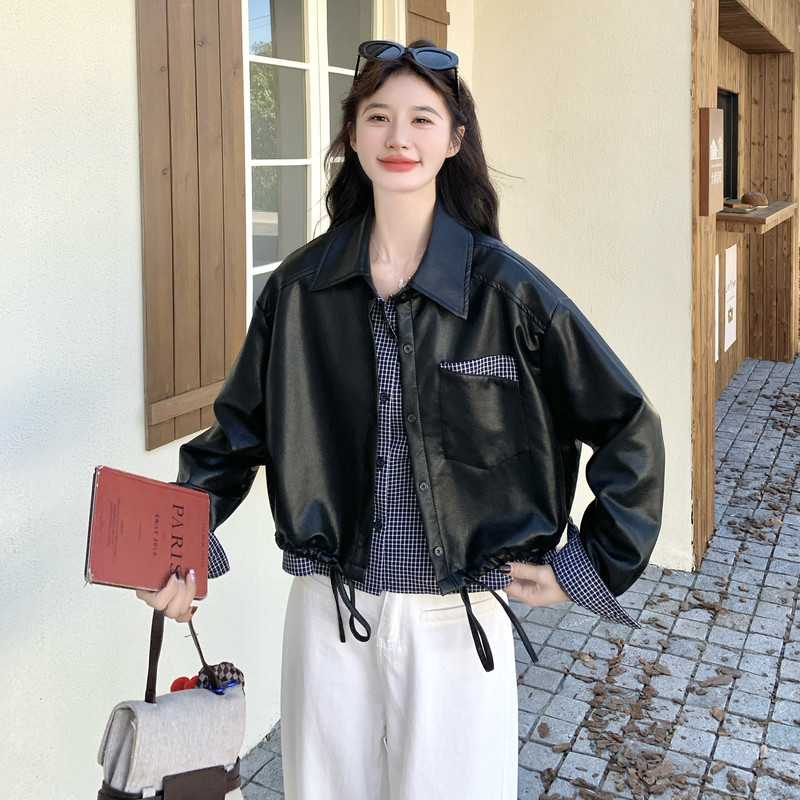黑色假两件格纹拼接皮衣外套女春秋新款韩系甜酷时髦小个子pu夹克,女装短外套,2C115