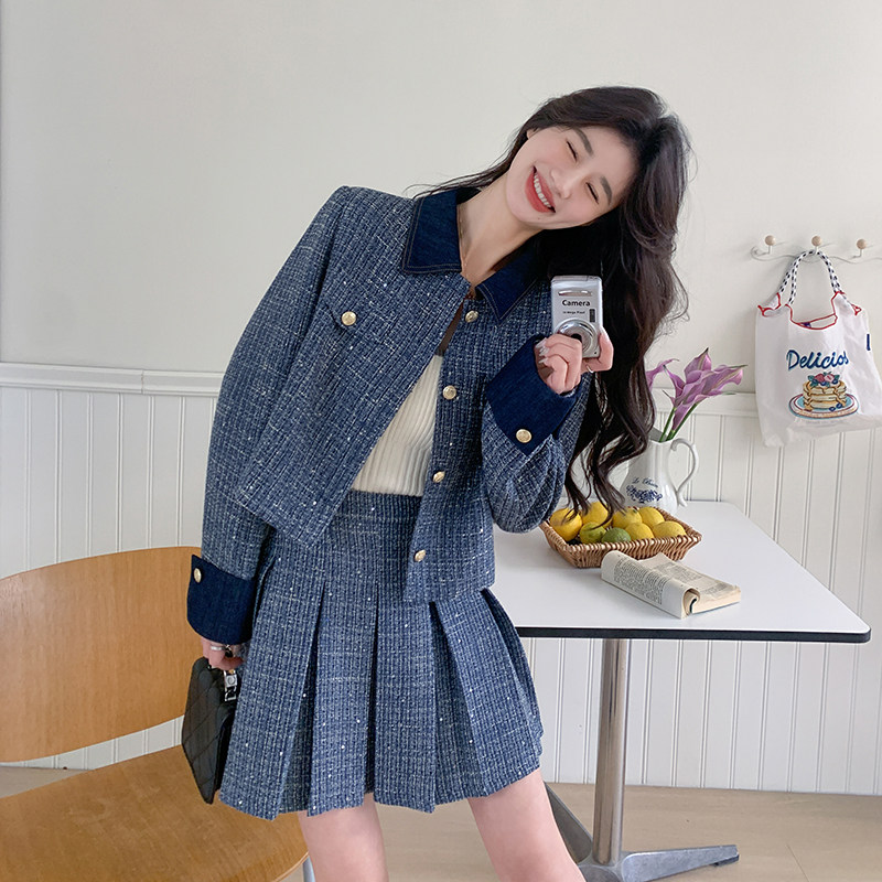 蓝色小香风套装女小个子短裙两件套2025年春秋新款半身裙套装,女装套装/套裙,2C218